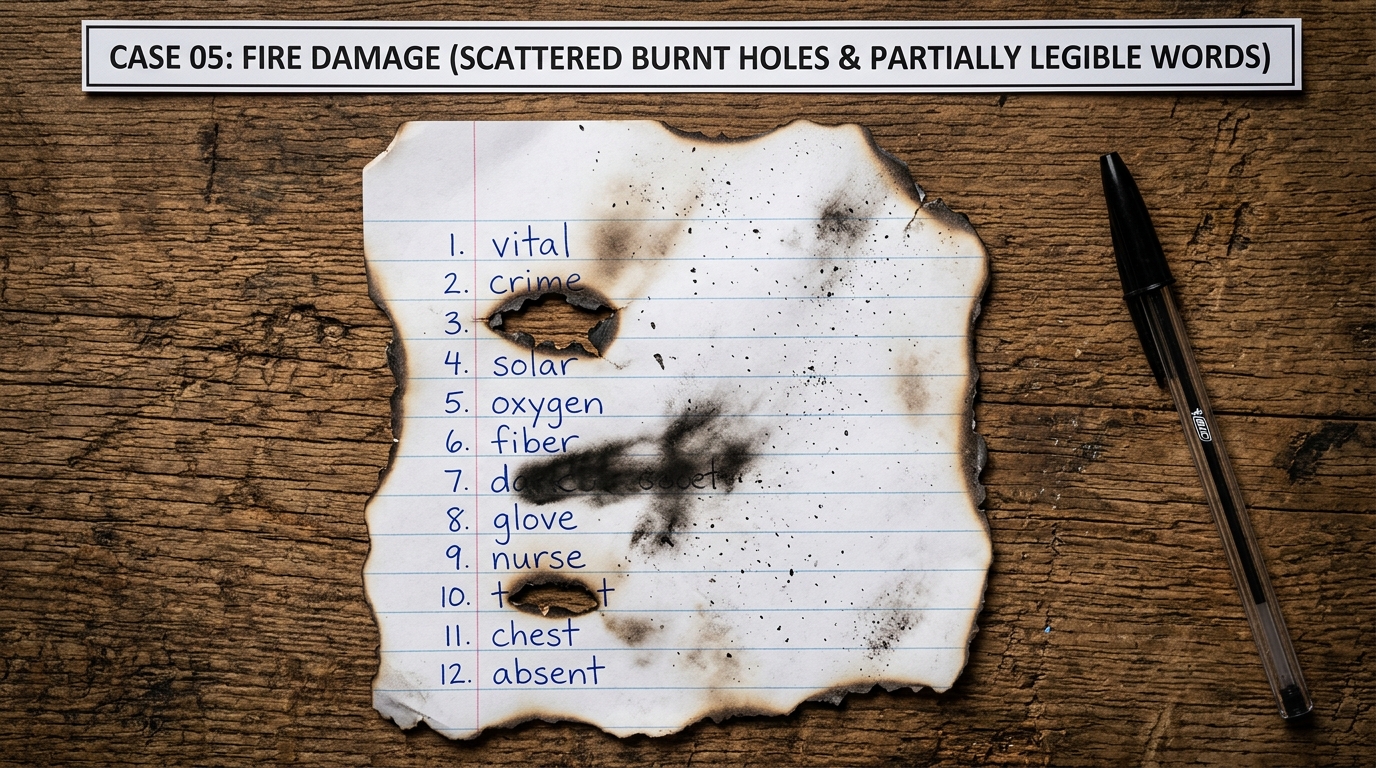 Case 05: Charred notebook paper with irregular burn holes