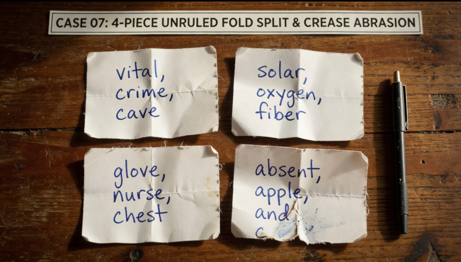 Case 07: Unruled paper separated into 4 pieces along folds with abraded word